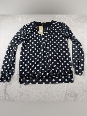 Timeson Women's Polka Dot Blouse XXL Black White Pleated Mesh Sleeve Career Top